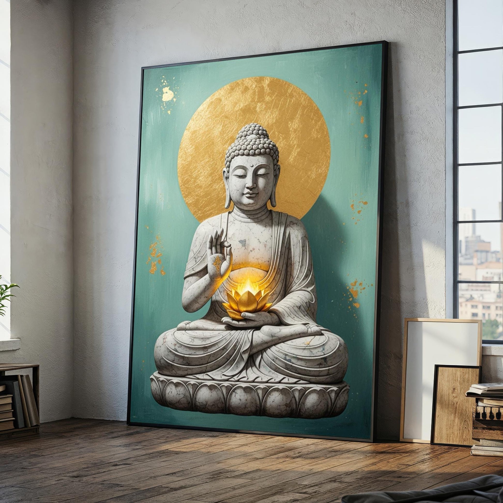 White Buddha canvas wall art with golden lotus close-up