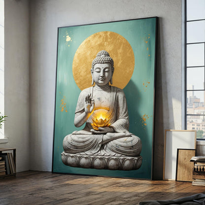 White Buddha canvas wall art with golden lotus close-up