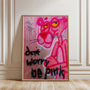 Pink Panther graffiti canvas art displayed on white wall in living room