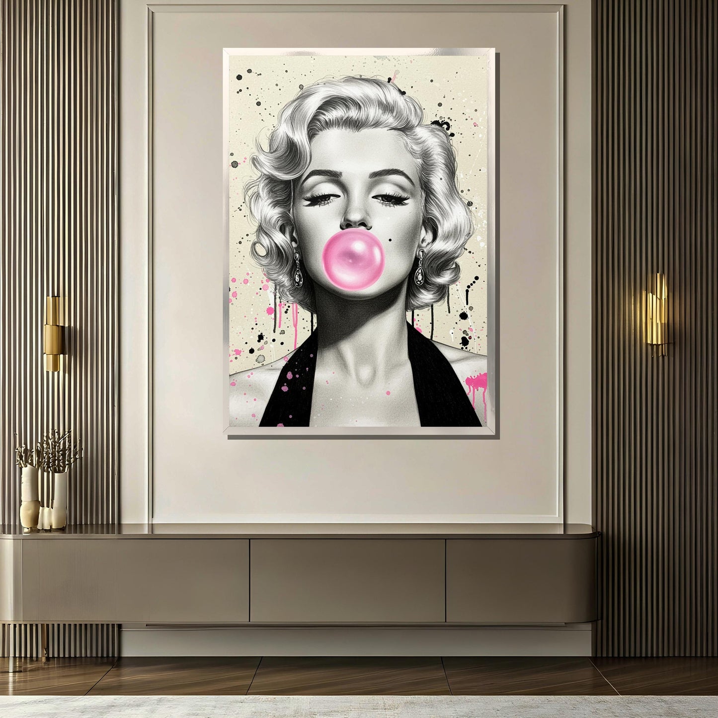 Modern living room decor with Marilyn Monroe pop art wall piece