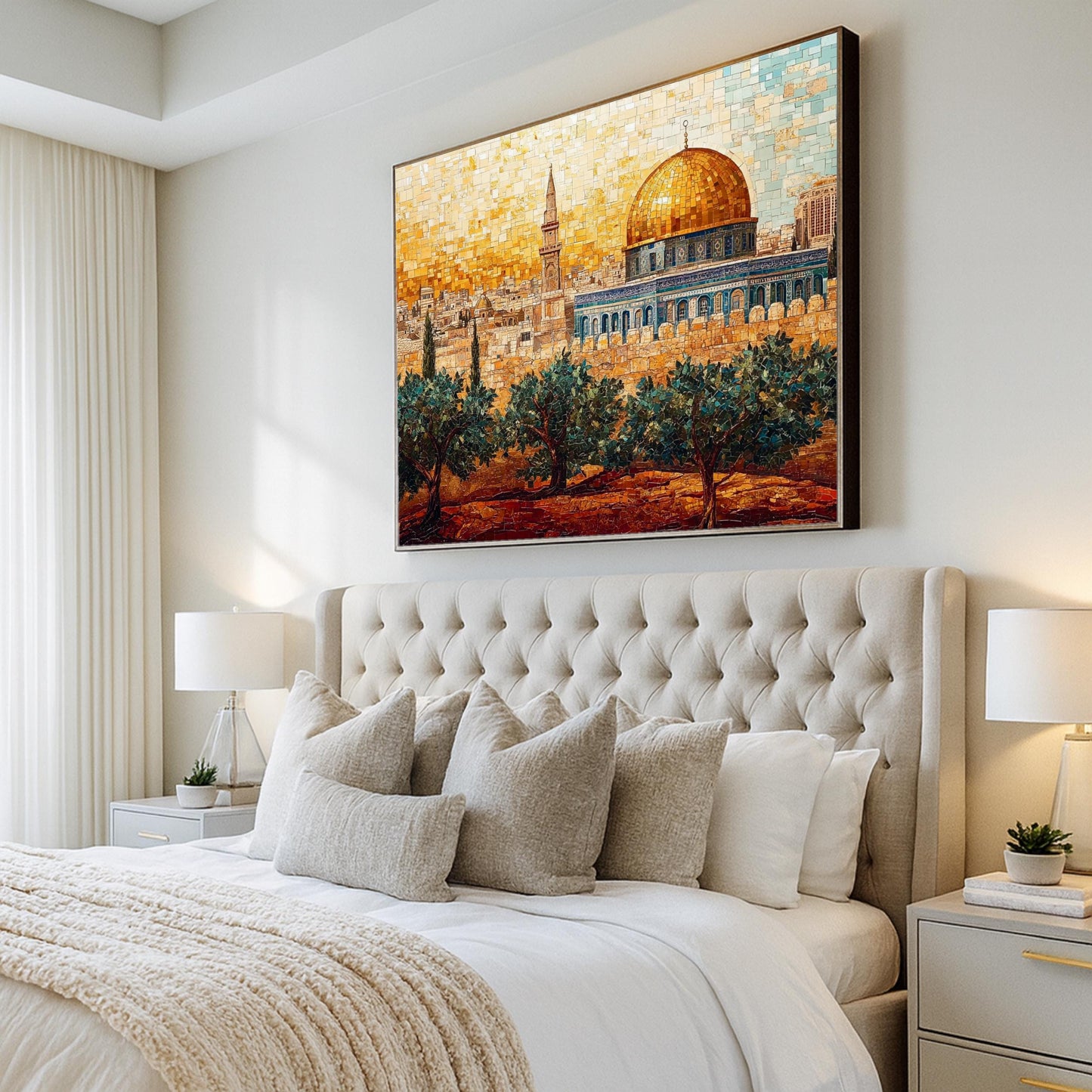 Framed Dome of the Rock wall art hanging in a living room