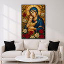 Full view of mosaic icon Mary and Jesus in a framed piece