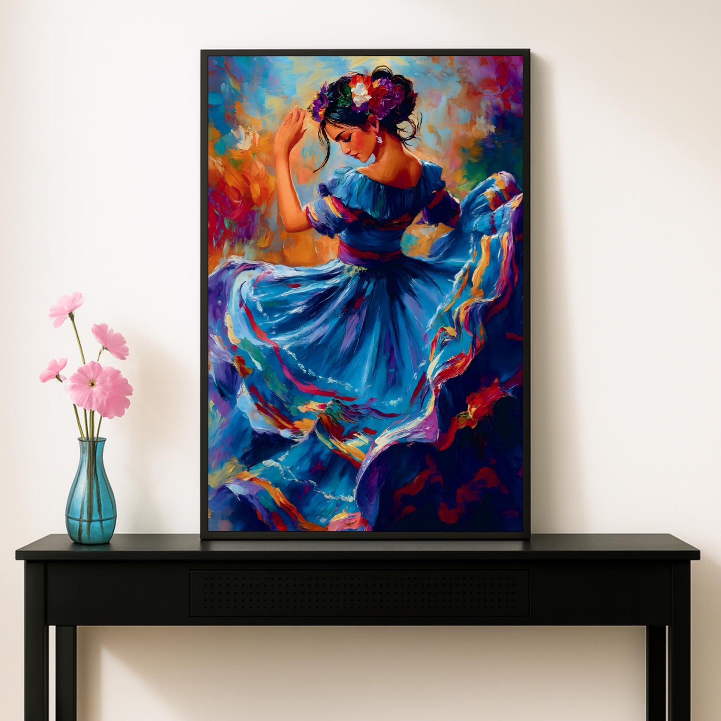 Side profile of dancing woman in traditional attire - Latin art print