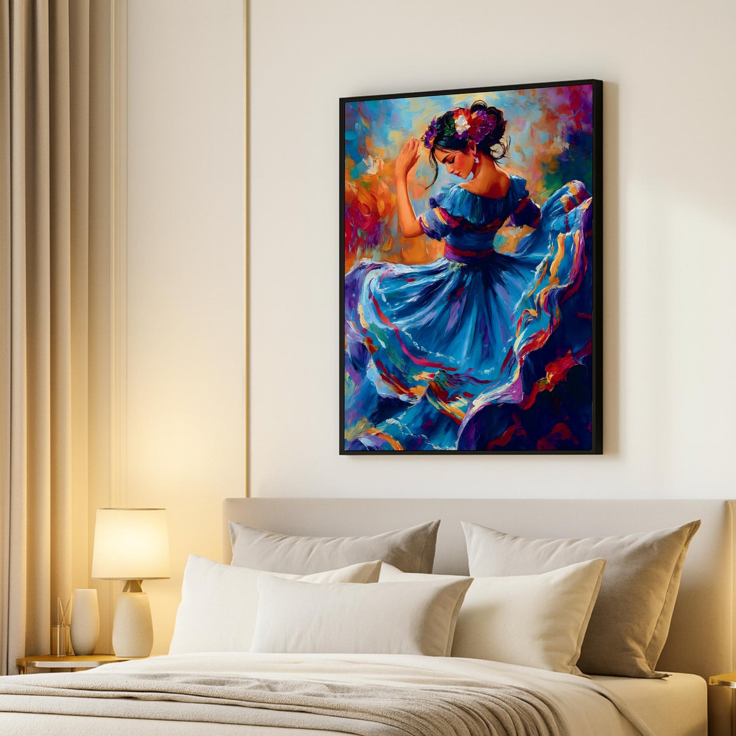 Cultural celebration scene featuring a female dancer on wall art