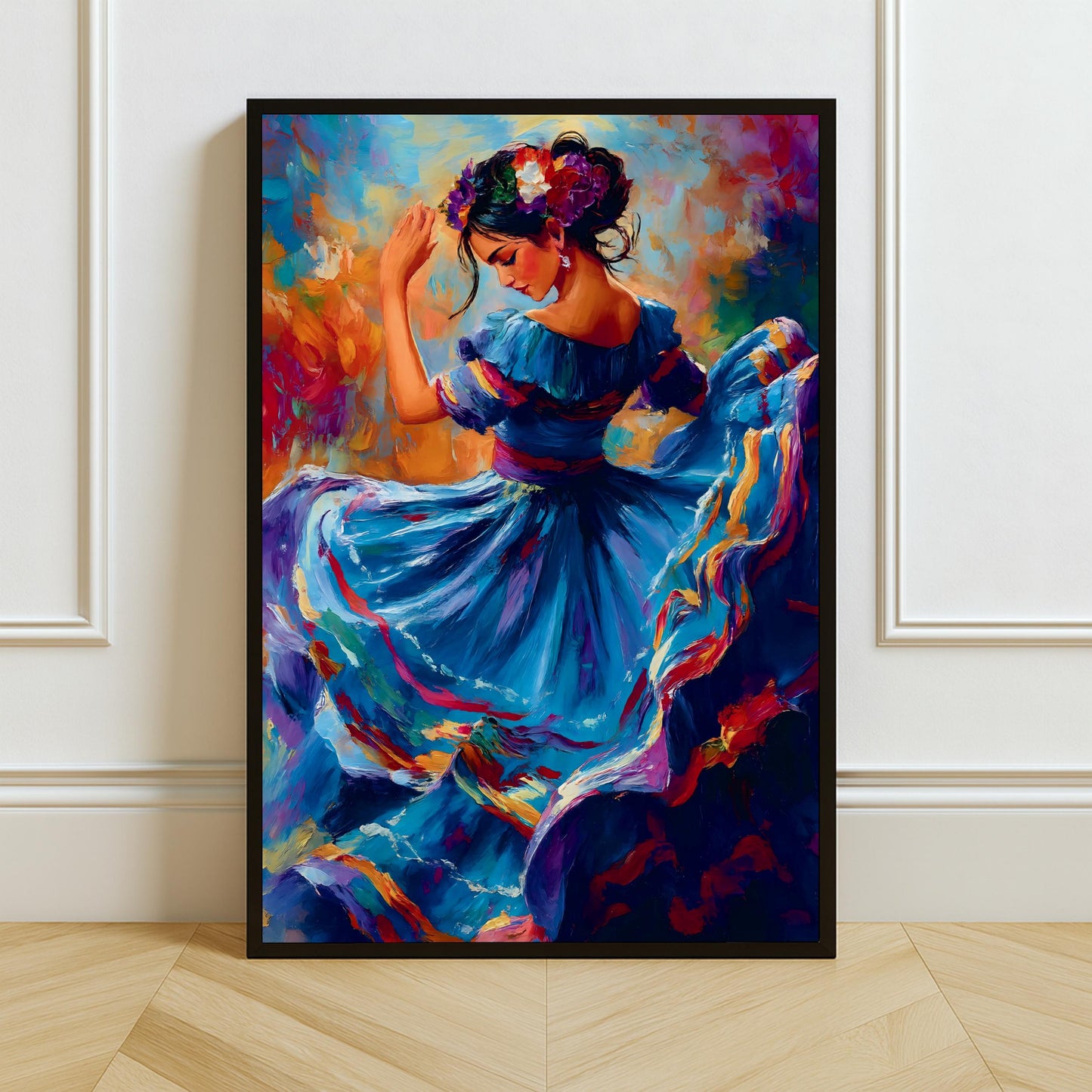 Mexican folkloric dancer oil painting print - front view with vibrant colors