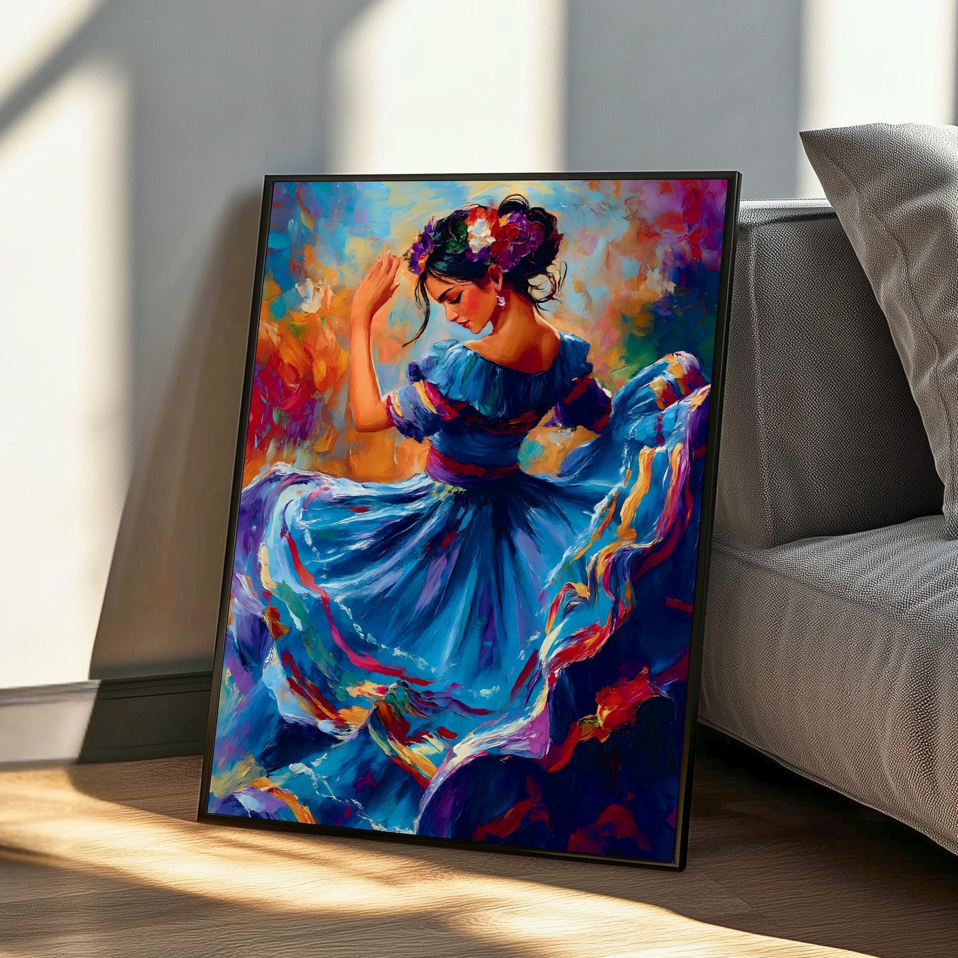 Rich reds and blues in oil painting print of folkloric dancer