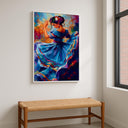 Decorative artwork showcasing Mexican folk dress and headdress