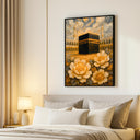 Blue and gold Islamic wall art with arabesque details