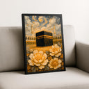 Framed wall art showing Kaaba Mecca scene with floral patterns