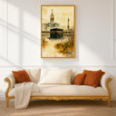 Abstract Islamic watercolor wall art with soft blues and gold accents