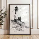 Vintage coastal lighthouse line drawing - black and white