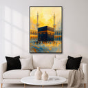 Abstract Islamic composition featuring the Kaaba and flowing brushstrokes