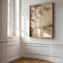 Calm forest river scene with neutral beige palette