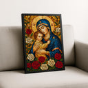 Detail of mosaic tiles and gold accents in Mary and Jesus icon