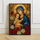 Close-up of Virgin Mary and Baby Jesus mosaic icon art