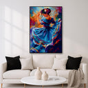 Close-up of colorful brushwork in Mexican folklore dancer print