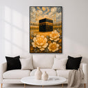Golden mosque centerpiece in an abstract Islamic oil painting