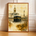 Watercolor Kaaba Mecca artwork in muted vintage tones