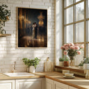 Moody Renaissance-inspired scene with a muted palette and ornate backdrop