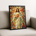 Warm red and gold tones in Sacred Heart stained glass panel