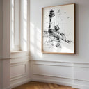 Black and white lighthouse sketch with waves