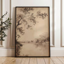 Muted tree and river landscape in sepia tones for wall art