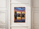 Reflective Vltava river scene with bridge silhouettes and sunset