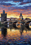 Arched Charles Bridge silhouetted against a sunset sky in oil painting style