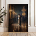 Victorian couple dancing in a grand ballroom with candlelight and draped curtains