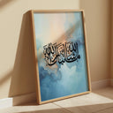 Blue and gold-toned abstract Mashallah calligraphy on wall art - corner view