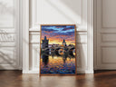Warm sky over Charles Bridge with historic towers in oil painting style