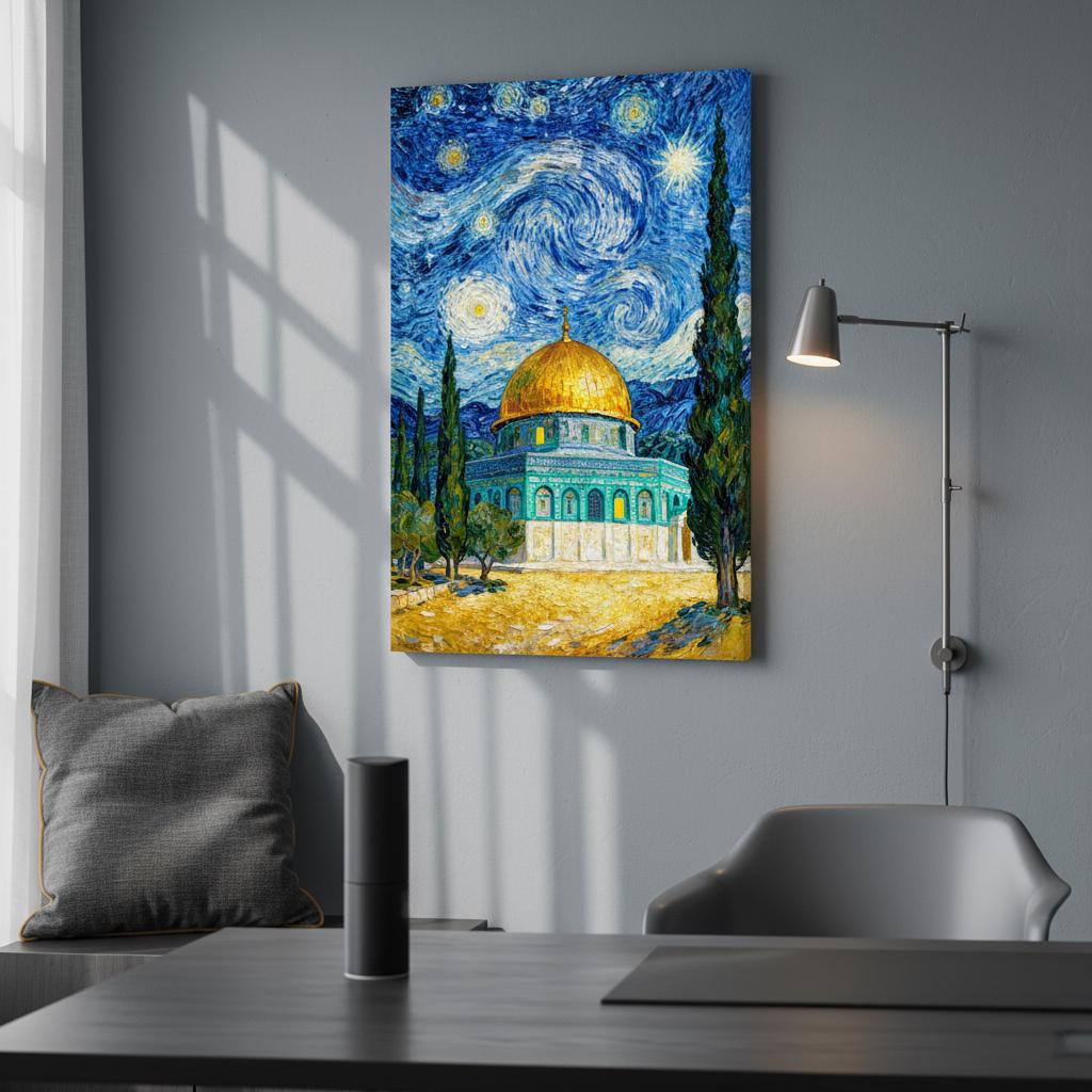 Dome of the Rock architecture with night sky artwork