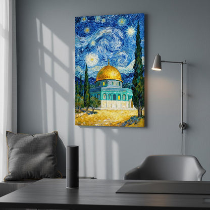 Dome of the Rock architecture with night sky artwork
