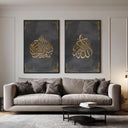 Living room wall decor featuring Islamic calligraphy