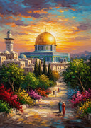 Travel-inspired Islamic art featuring Jerusalem landmarks in sunset palette