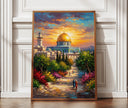 Jerusalem Dome of the Rock at sunset with warm gold and blue abstract sky