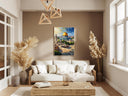 Framed wall art showing Jerusalem religious architecture in abstract style