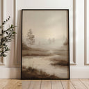 Dreamy tranquil landscape wall art in neutral sepia tones – close view on canvas