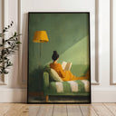 Minimalist green portrait of a woman reading in emerald tones