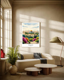 Pastel sky and gold domes in an Islamic art poster