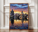 Prague Charles Bridge sunset oil painting close-up on textured canvas