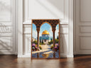 Abstract Islamic art featuring the Dome of the Rock silhouette in blue and gold