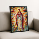 Muted blues and gold mosaic tones in Mary art print