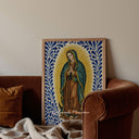 Religious wall decor featuring Virgen de Guadalupe in ornate frame