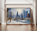 Chicago winter city poster oil painting texture close-up showing snowy street