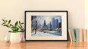 Gallery-ready poster of a snowy Chicago city in textured oil look