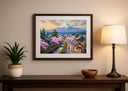 Zen landscape print showing distant pagoda over blue mountains