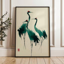 Minimalist crane silhouette on vintage Asian poster-style wall art - full view