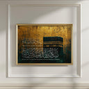 Makkah skyline silhouette with black background and gold detailing