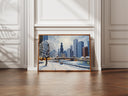 Snowy downtown Chicago with brushstroke oil texture and cool blues